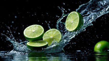 Isolated Background with Water Splashing Limes