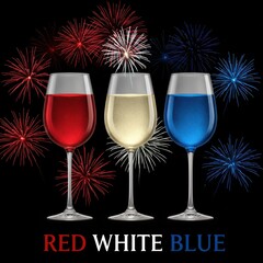 Colorful wine glasses with red, white, and blue drinks for 4th of July  