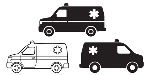 set of black ambulance icon, ambulance silhouette vector illustration-simple, outline coloring book page line art	
