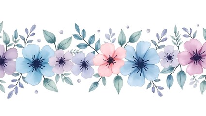 Obraz premium Seamless horizontal floral border pattern with transparent watercolor style