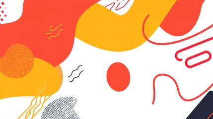 Abstract composition featuring vibrant shapes and lines in red, yellow, and white tones