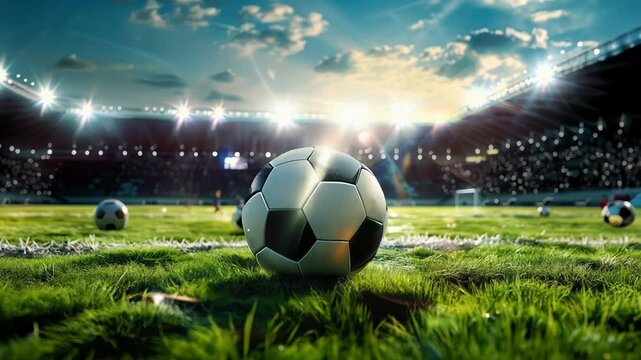 Football socer ball on footbla play, flying burning ball, copy space on background