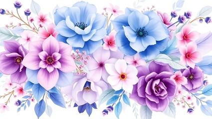 Seamless horizontal floral border pattern with transparent watercolor style