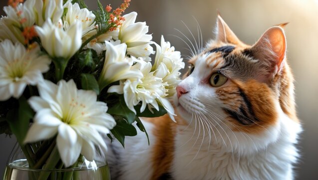 A calico cat investigates a glass vase filled with white flowers. Charming kitty, selective focus.