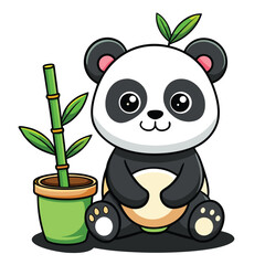 A cute baby panda sits holding a bamboo stalk and a pot filled with bamboo shoots with white background