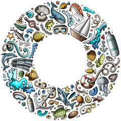 Set of Diving cartoon doodle objects. Round frame composition