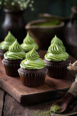 A set of matcha cupcakes with swirls of green tea frosting, delicately placed on a wooden serving board.