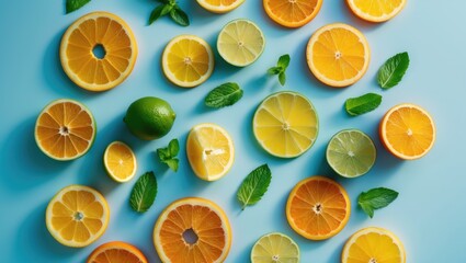 Summer arrangement of sliced citrus fruits and mint leaves, seen from above.