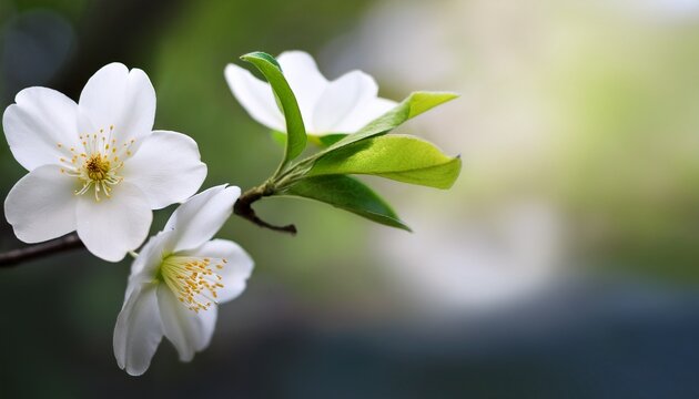 background with two white spring blossom flowres on branch