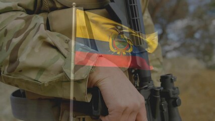 Camera zooming revealing soldier holding rifle scanning sky with Ecuadorian flag signaling defense - Powered by Adobe