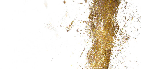 Abstract gold glitter explosion on white. Perfect for backgrounds, celebrations, luxury, and festive designs.