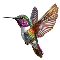 Obraz premium A vibrant hummingbird in mid-flight, its iridescent feathers shimmering in the sunlight. The delicate bird, with its long beak and rapidly beating wings.