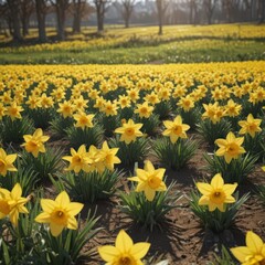 Fototapeta premium Sunlit daffodil field, vibrant yellow blooms, spring countryside, sunny, wildflowers, rural
