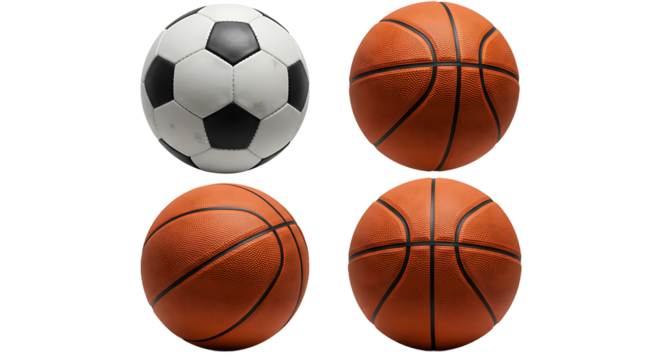A soccer ball and three basketballs arranged in a grid on a black background studio shot view sports