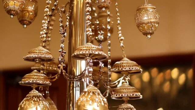 Elegant gold tone bells hanging from a chandelier, decorative design in a warm ambient setting. Intricate metalwork and ornate details catching light.