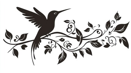 Hummingbird on floral branch, decorative design