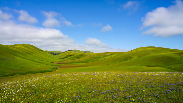 Rolling green fields under a vast blue sky with fluffy white clouds depict a serene summer landscape