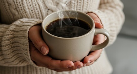 Warm coffee in hands, cozy moments. Photo.