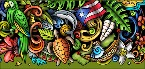 Puerto Rico doodle banner. Cartoon vector whimsical flyer