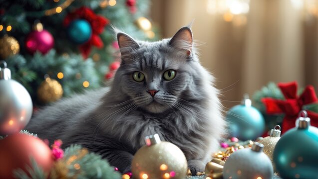 Decorations and a fluffy gray cat