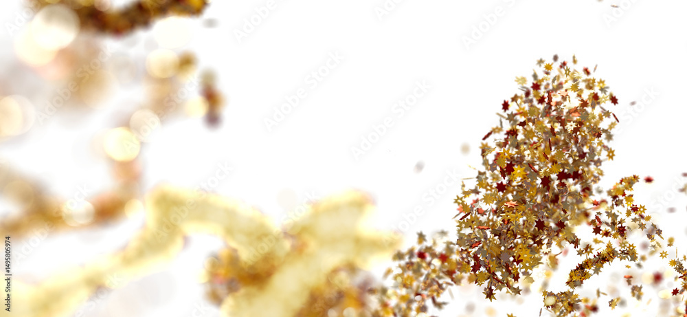 Poster abstract image of gold and red star confetti falling on white background. festive backdrop.