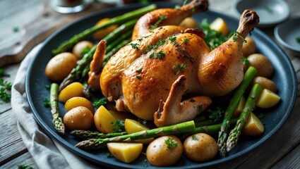 Plate of roast chicken with asparagus and potatoes