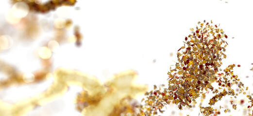 Abstract image of gold and red star confetti falling on white background. Festive backdrop.