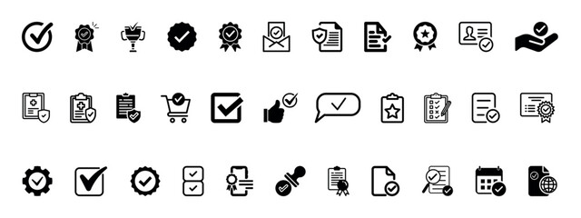 Checkmark, approval icon set. Glyph pictograms of validation, certification, confirmation concept, checklists, documents, awards, Accept, confirm, checkmark, ok and security verification vector.