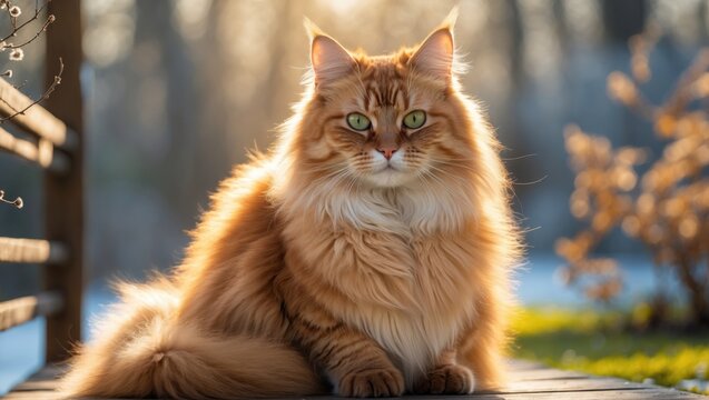 Lovely long-haired cat relaxing outside in the sunny winter sun