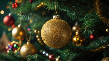 Fototapeta premium Detailed view of gold balls used for tree embellishment, gold balls set on a green surface
