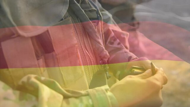 Faint German flag overlay showing soldier torso-hands looping tightening paracord for securing tool