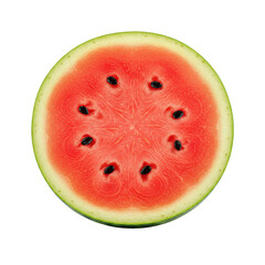 Watermelon slice shows red pulp and black seeds arranged in a symmetrical circle