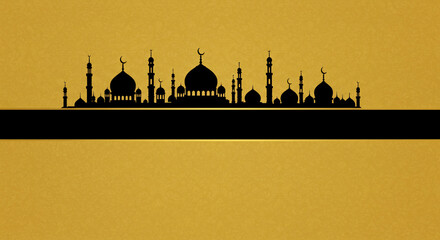 Illustration of a mosque silhouette with minarets and domes against a textured gold background, featuring a prominent black stripe for text or design elements