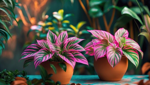 Vibrant pink and green striped leaves of Tradescantia spathacea, housed in terracotta, suitable for both indoor and outdoor gardens