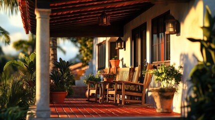Charming Spanish Colonial Revival House Porch with Red Tile Floor and Lush Greenery