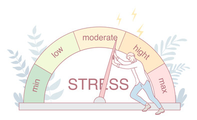 Visual representation of stress levels from low to max, promoting awareness and mental health management.