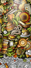 Tea hand drawn doodle banner. Cartoon detailed flyer.