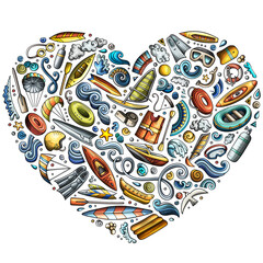 Set of water sports cartoon doodle objects. Heart form composition
