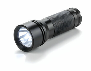 A sleek, modern flashlight lies on a reflective surface, showcasing its design and functionality, ideal for outdoor adventures