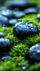 Close up of zen stones with water drops and green moss nature photography for meditation and relaxation