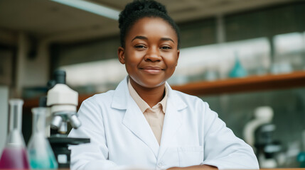 Teen African-American girl wearing lab coat in a laboratory, STEM program concept