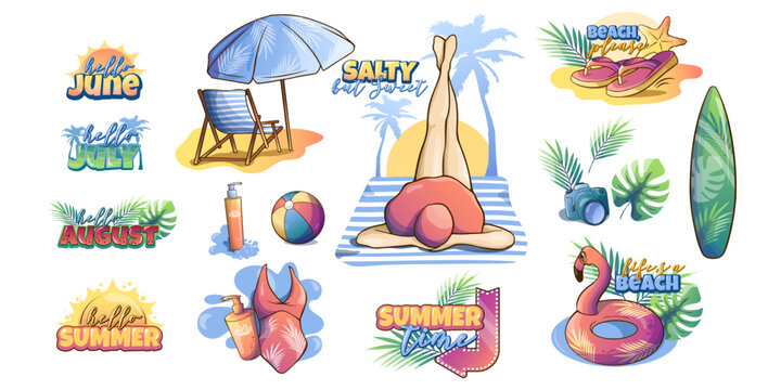 summer beach and travel stickers set with drawing girl on the beach, beach umbrella and sun lounger, ball and flamingo inflatable ring, handwritten text.