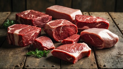 Different types of raw beef meat parts arranged on a wooden surface
