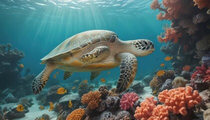 Obraz premium Green sea turtle gracefully swims over vibrant coral reef , tropical, nature