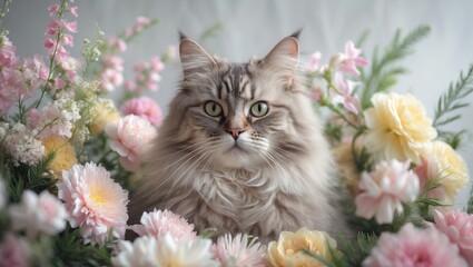 Flower-adorned cat portrait