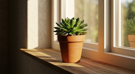 Fototapeta premium Terracotta pot with succulent plant on a windowsill.