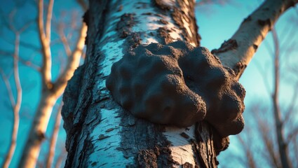 Birch Mushroom: Inonotus obliquus or Chaga on Tree Trunks
