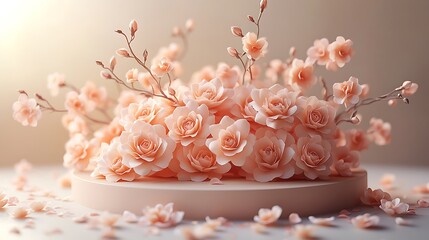 A stunning arrangement of peach colored roses and delicate blossoms in high resolution photo