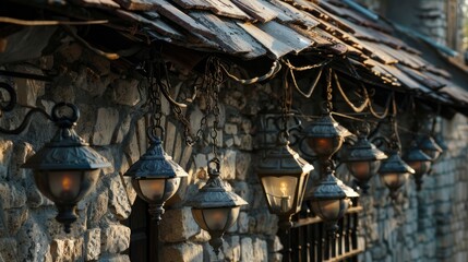 Albanian ottoman bazaar eaves, close-up, layered shingle tiles with hanging lamps, rustic European palette