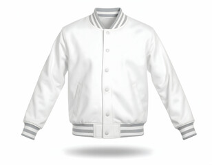 A stylish white varsity jacket displayed against a clean background, ideal for fashion promotions and online retail